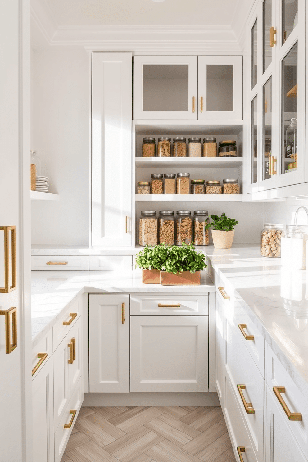 A luxe white pantry features elegant marble countertops that reflect the soft lighting, creating a bright and inviting atmosphere. The cabinetry is custom-built with sleek white finishes and brushed gold hardware, providing both style and functionality. Open shelving displays beautifully organized glass jars filled with dry goods, while a small herb garden sits on the countertop, adding a touch of greenery. The floor is adorned with a light herringbone pattern, enhancing the overall sophistication of the space.