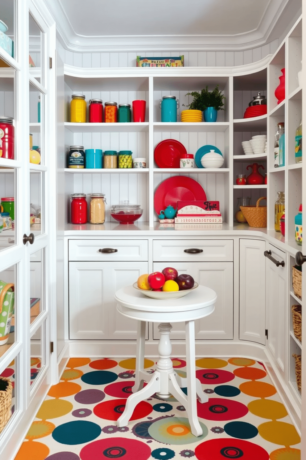 A whimsical white pantry filled with colorful decor. Shelves are adorned with vibrant jars and playful kitchen accessories, creating a cheerful and inviting atmosphere. The pantry features a white beadboard backing that adds texture, while the floor is covered in a cheerful patterned rug. A small, round table in the center holds a bowl of fresh fruits, enhancing the lively and functional space.