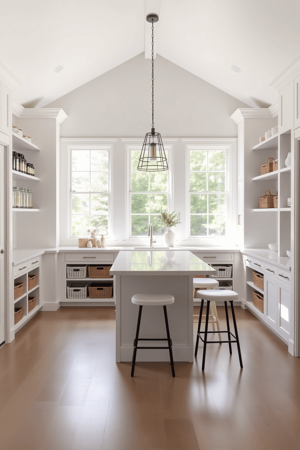 An open concept white pantry features a central island with a sleek white countertop and bar stools for casual seating. The walls are lined with custom cabinetry, showcasing organized shelves filled with jars and baskets, all painted in a bright white finish. Natural light floods the space through large windows, illuminating the minimalist design and creating a welcoming atmosphere. A stylish pendant light hangs above the island, adding a touch of elegance to the functional layout.