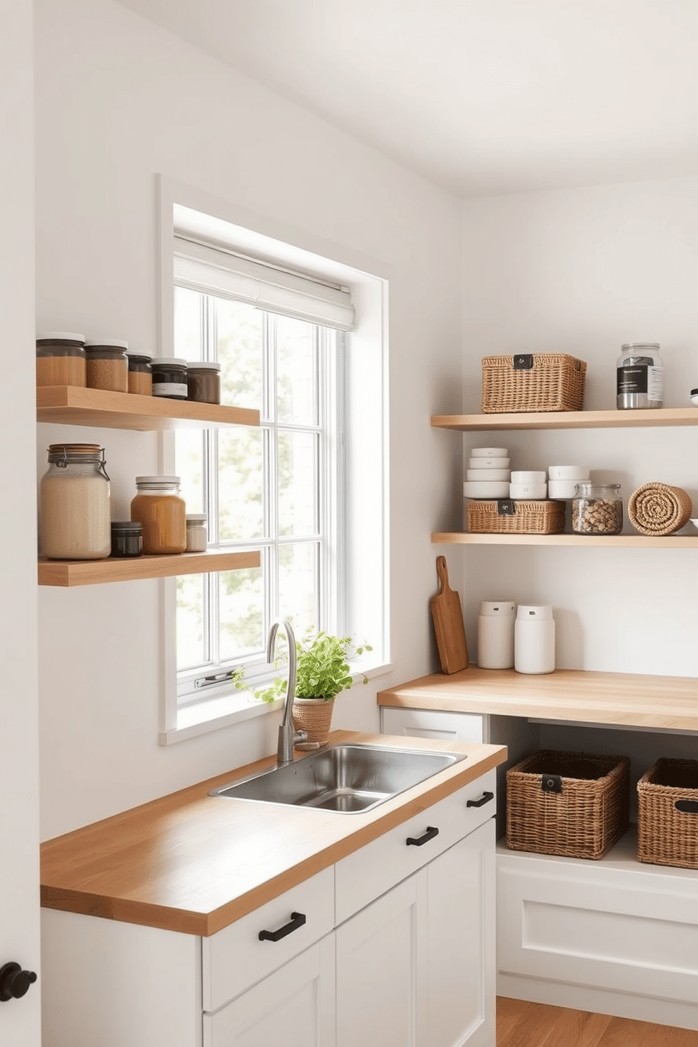 A Scandinavian-inspired pantry design features clean lines and a minimalist aesthetic. The walls are painted a crisp white, and open shelving made of light wood displays neatly organized jars and containers. Natural light floods the space through a large window, illuminating the soft textures of woven baskets and a simple wooden countertop. A small herb garden on the windowsill adds a touch of greenery, enhancing the airy and inviting atmosphere.