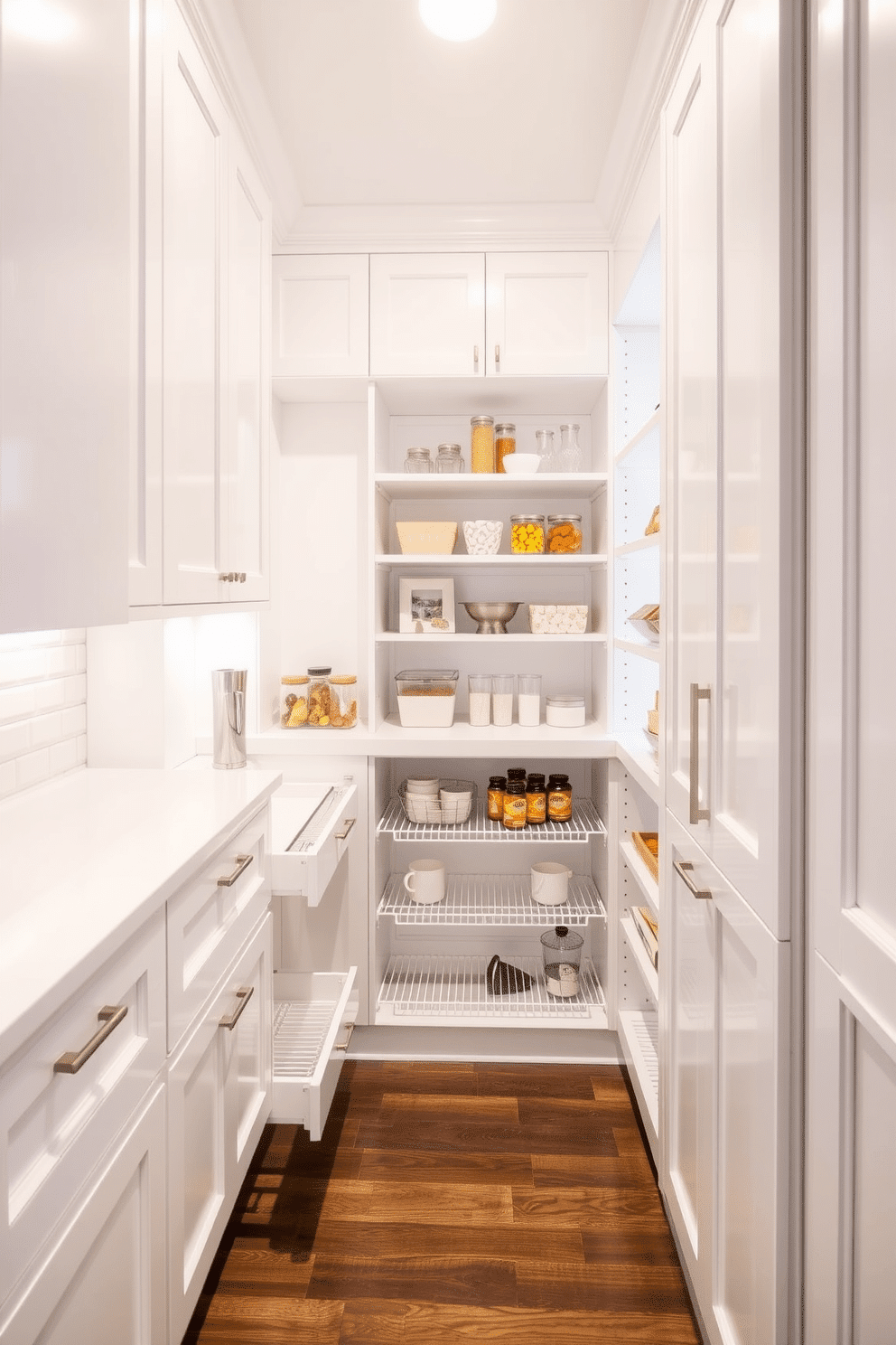 A bright and airy pantry features sleek white cabinetry with pull-out shelves that provide easy access to all your essentials. The design incorporates soft LED lighting that highlights the organized interior, complemented by a subtle backsplash that adds a touch of elegance.