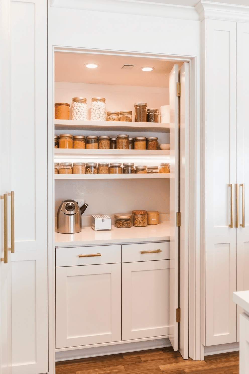 A modern pantry with a hidden door feature blends seamlessly into the surrounding cabinetry, creating a sleek and minimalist look. The cabinetry is finished in a soft white hue, complemented by brushed brass hardware that adds a touch of elegance. Inside the pantry, open shelving displays neatly organized jars and containers, while a small countertop area provides space for meal prep. Soft LED lighting illuminates the shelves, enhancing the airy feel of the space and making it easy to find ingredients.