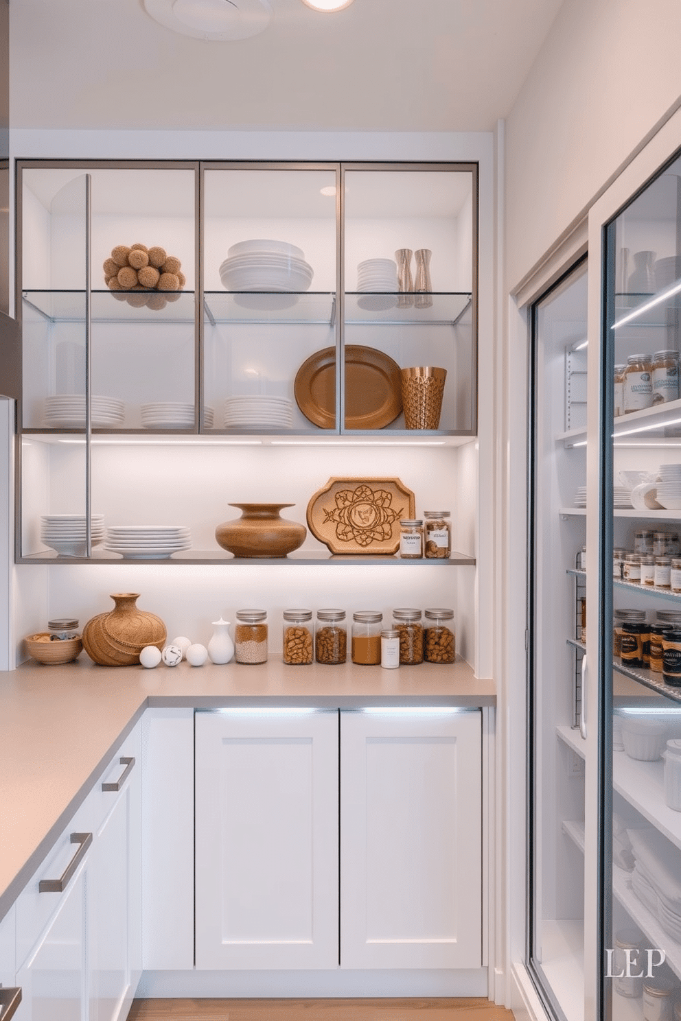 Open shelving with glass doors creates an airy and modern feel in the kitchen, showcasing beautifully arranged dishware and decorative items. The shelves are framed in sleek metal, while the glass doors provide a touch of elegance and keep dust at bay. The white pantry design features minimalist cabinetry with clean lines, providing ample storage space for kitchen essentials. Soft LED lighting illuminates the interior, highlighting the organized shelves filled with neatly labeled jars and containers.