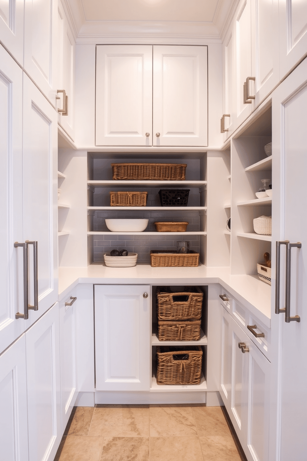 A classic white shaker-style pantry features elegant cabinetry with clean lines and a timeless appeal. The cabinets are adorned with sleek brushed nickel hardware, enhancing the bright, airy atmosphere of the space. Inside, the pantry is organized with open shelving for easy access to frequently used items, while decorative baskets add texture and warmth. A subtle backsplash in a soft gray complements the white cabinetry, creating a cohesive and inviting look.