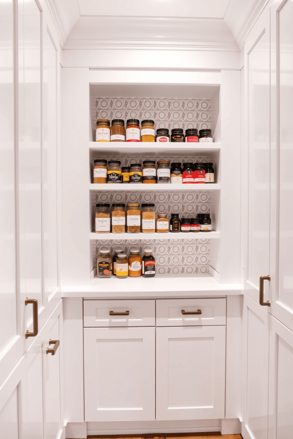 Bright white pantry with a patterned backsplash. Sleek cabinetry lines the walls, complemented by open shelving displaying neatly arranged jars and spices.