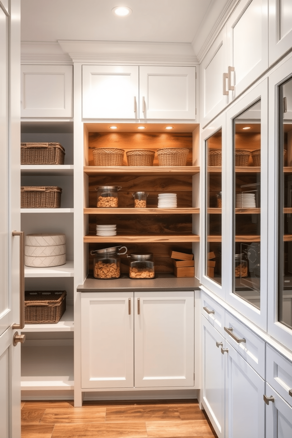 A transitional pantry design featuring crisp white cabinetry with a mix of textured finishes, including matte and glossy surfaces. The space is illuminated by warm, recessed lighting, highlighting the elegant shelving and organized storage solutions. The pantry includes open shelving made of reclaimed wood, adding warmth and contrast to the sleek white cabinetry. Decorative baskets and glass jars are neatly arranged, showcasing a blend of functionality and aesthetic appeal.