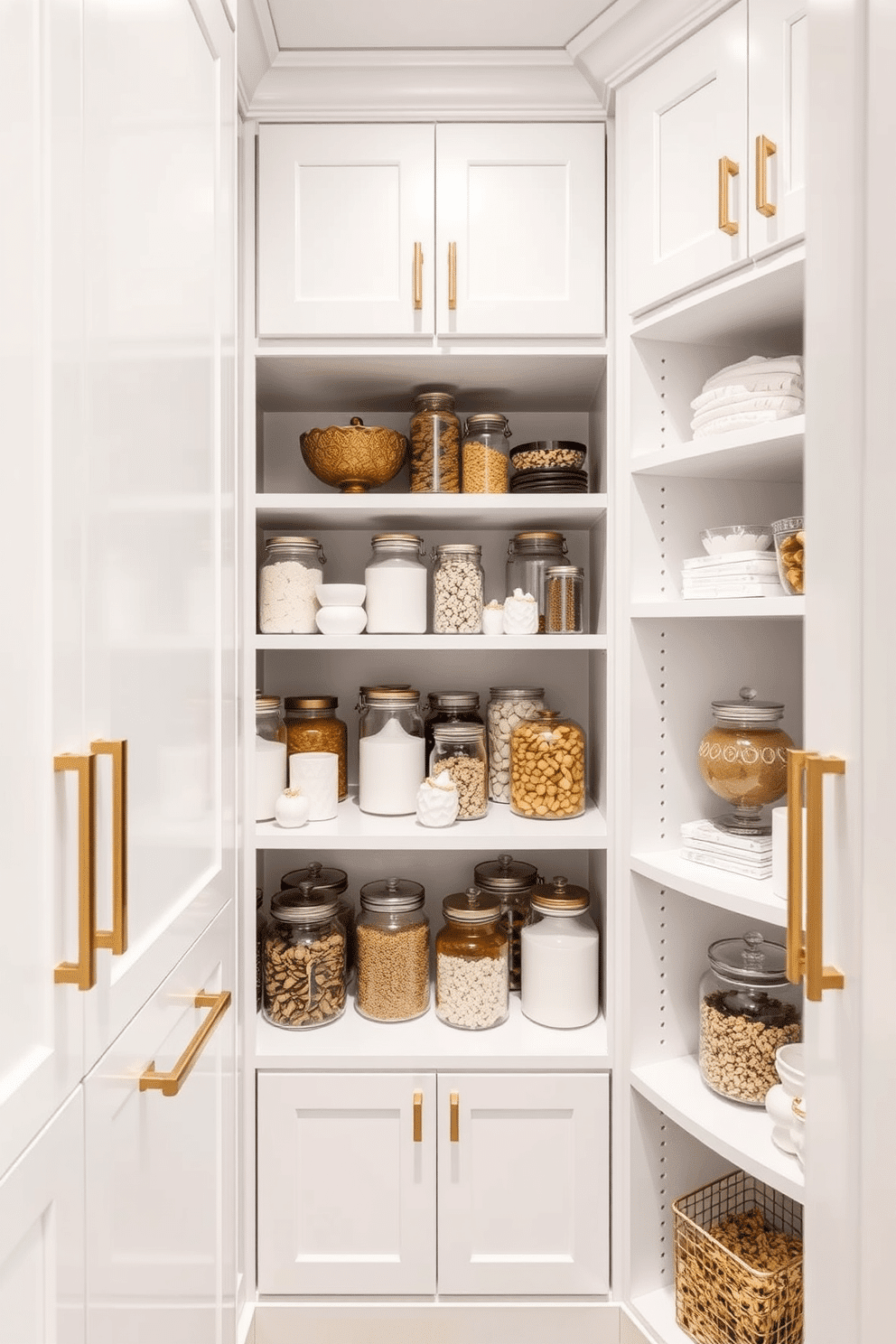 A sophisticated white pantry featuring sleek cabinetry with gold hardware that adds a touch of elegance. The shelves are neatly organized, displaying an array of glass jars filled with dry goods and decorative items, creating a visually appealing and functional space.