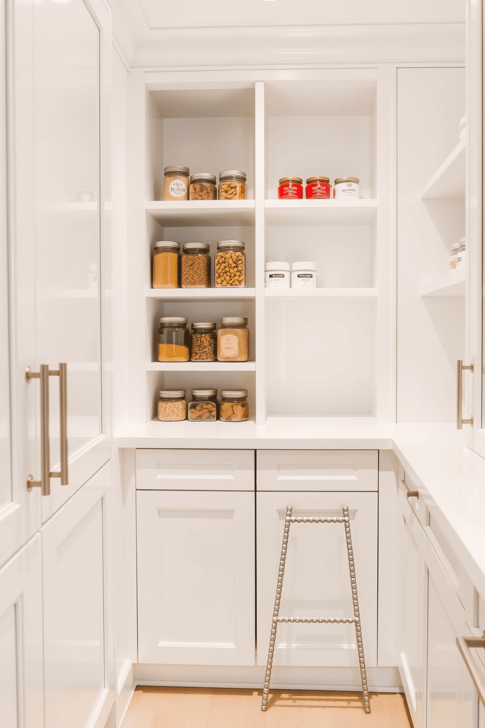 A chic white pantry features custom cabinetry with sleek, minimalist lines that maximize storage space. The cabinetry is adorned with brushed nickel hardware, and the walls are painted in a soft, warm white to create a bright and inviting atmosphere. Inside the pantry, open shelving displays neatly organized jars and containers, adding a touch of elegance. A small, decorative ladder leans against the shelves, providing easy access to items stored at the top.