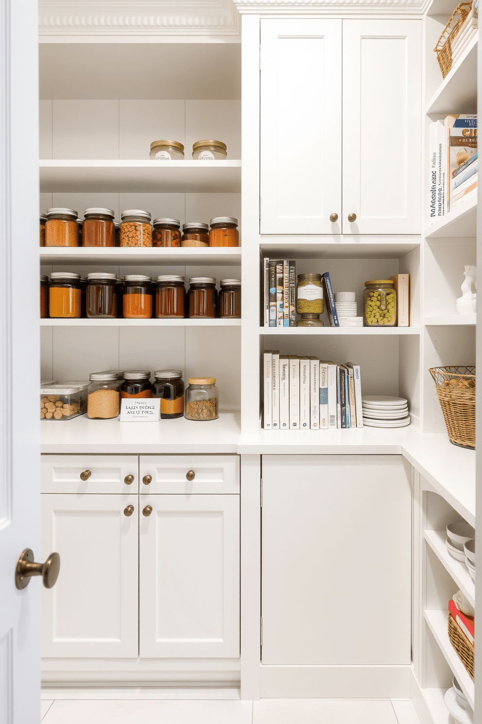 A bright and airy white pantry featuring a combination of open shelving and closed cabinetry. The open shelves display neatly organized jars and cookbooks, while the closed cabinets provide hidden storage for larger kitchen items.