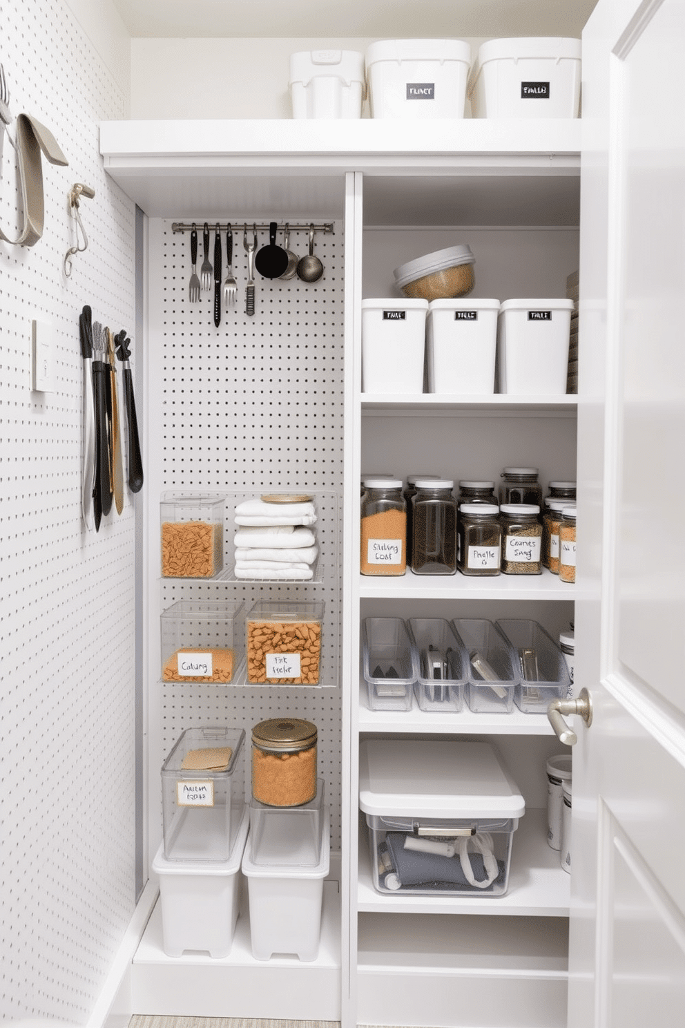 A functional white pantry designed for optimal organization features a pegboard system on the walls, allowing for easy access to utensils and storage containers. The shelving is neatly arranged with clear bins and labeled jars, ensuring a clean and efficient space for food and supplies.