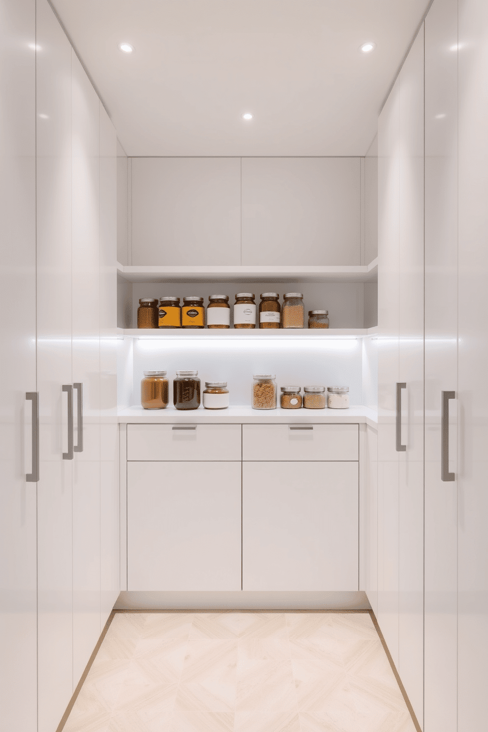 A minimalist white pantry featuring sleek lines and a spacious layout. The cabinetry is flush against the walls, with handleless doors that create a seamless look. Open shelving displays neatly organized jars and containers, enhancing the clean aesthetic. A subtle LED strip light under the shelves provides soft illumination, highlighting the pantry's contents.