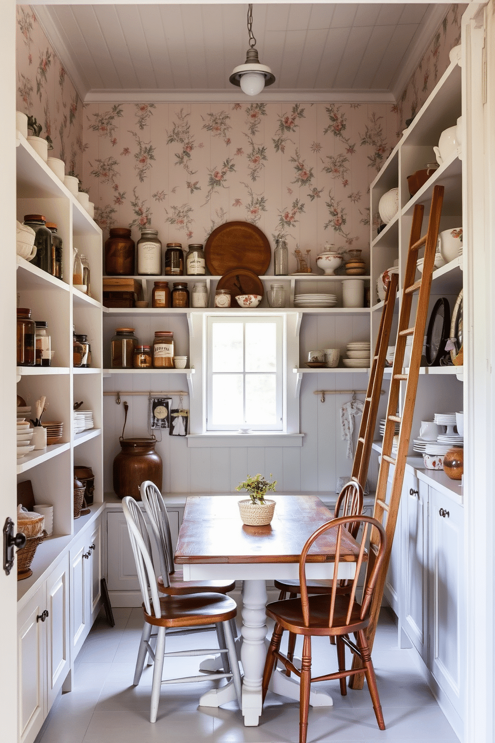 A vintage-inspired white pantry exuding charm features open shelving displaying an array of rustic jars and antique dishware. The walls are adorned with delicate floral wallpaper, and a wooden ladder leans against the shelves, adding a touch of whimsy. A farmhouse-style table sits in the center, surrounded by mismatched chairs that enhance the cozy atmosphere. Soft, natural light filters through a small window, illuminating the space and highlighting the vintage decor.