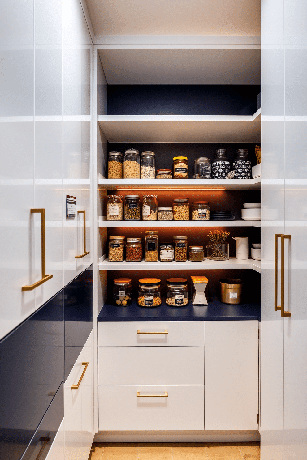 A contemporary white pantry features sleek cabinetry with bold accents in deep navy and rich gold. The space is illuminated by warm lighting, highlighting the organized shelves filled with glass jars and stylish containers.