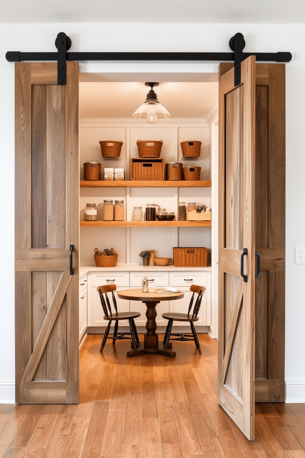 Farmhouse sliding barn doors lead into a spacious pantry, featuring open shelving made from reclaimed wood that showcases neatly organized jars and baskets. The walls are painted in a soft white hue, complemented by vintage-style lighting fixtures that add warmth and charm. The pantry floor is adorned with rustic, wide-plank hardwood, enhancing the farmhouse aesthetic. A cozy nook with a small wooden table and two chairs provides a perfect spot for quick meals or coffee breaks.