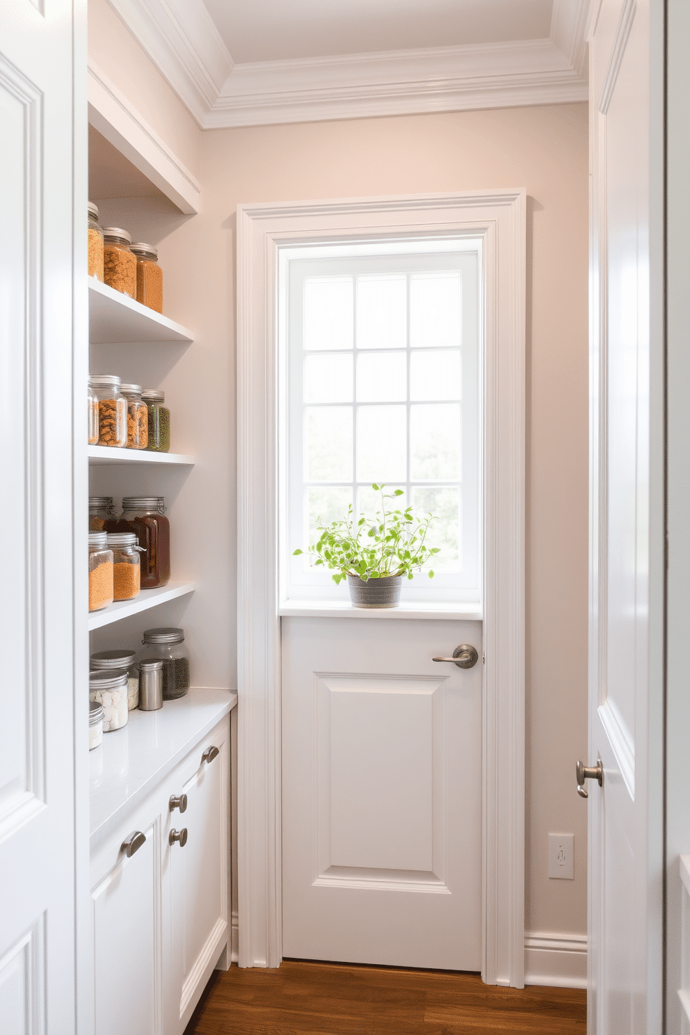 A bright and airy white pantry featuring decorative molding details that add a touch of elegance. The shelves are neatly organized with glass jars filled with colorful ingredients, and a small herb garden sits on the windowsill, enhancing the fresh atmosphere. The pantry door is framed with intricate moldings, creating a refined entryway. Soft lighting illuminates the space, highlighting the clean lines and polished surfaces of the cabinetry.