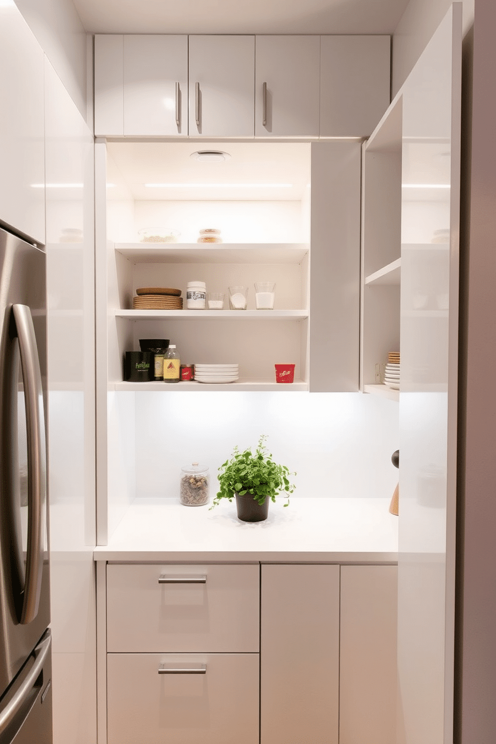 A compact corner pantry solution featuring sleek white cabinetry that maximizes storage space. The pantry includes open shelves for easy access to frequently used items and a stylish countertop for meal prep. The design incorporates soft LED lighting to illuminate the interior, creating a bright and inviting atmosphere. A small herb garden sits on the countertop, adding a touch of greenery and freshness to the space.