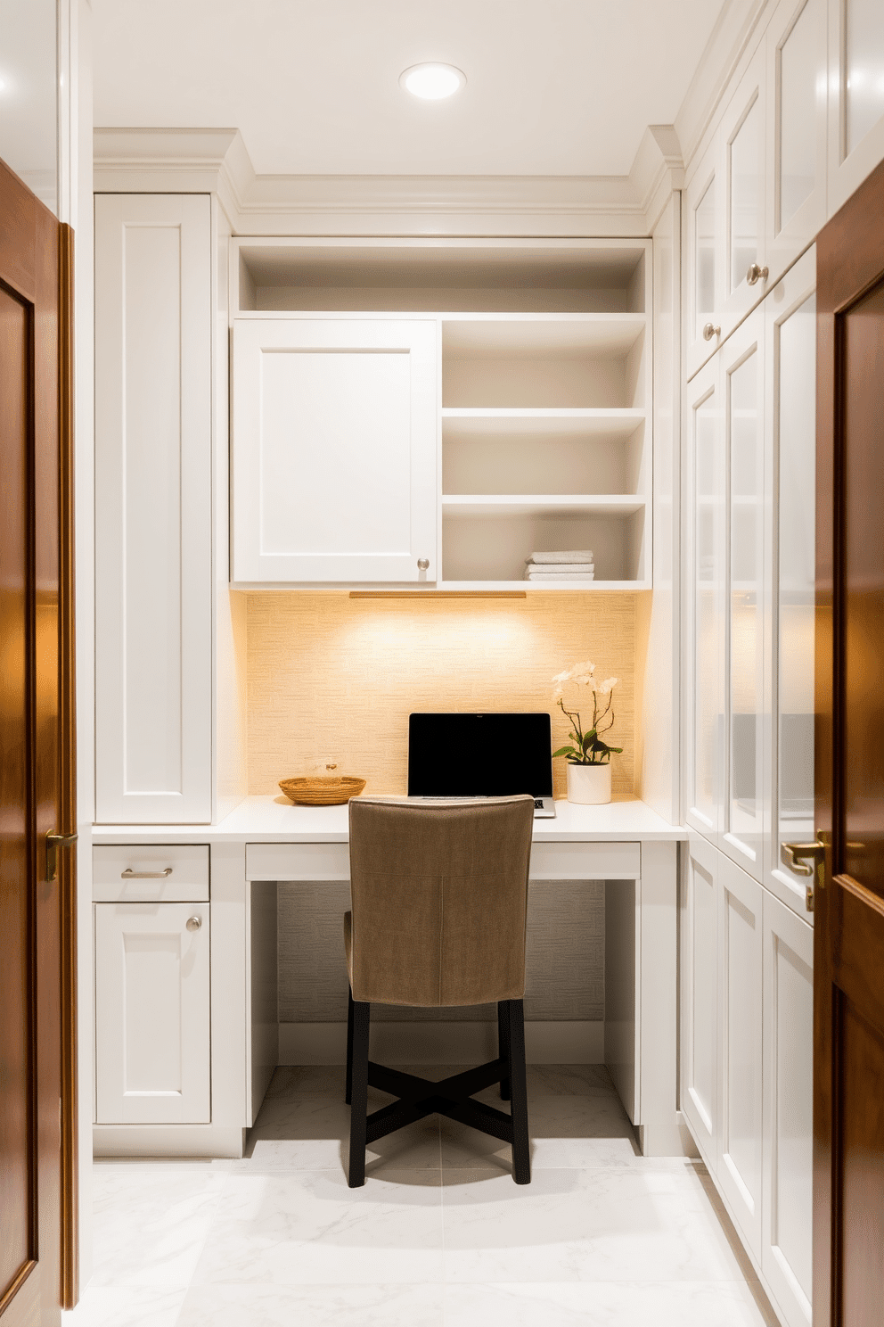 A multi-functional pantry designed with a built-in desk features sleek white cabinetry that maximizes storage while maintaining a clean aesthetic. The desk area is equipped with a comfortable chair and ample shelving above, perfect for meal planning or managing household tasks. The pantry walls are adorned with subtle textured wallpaper, enhancing the overall elegance of the space. Soft, warm lighting illuminates the area, creating an inviting atmosphere that blends functionality with style.