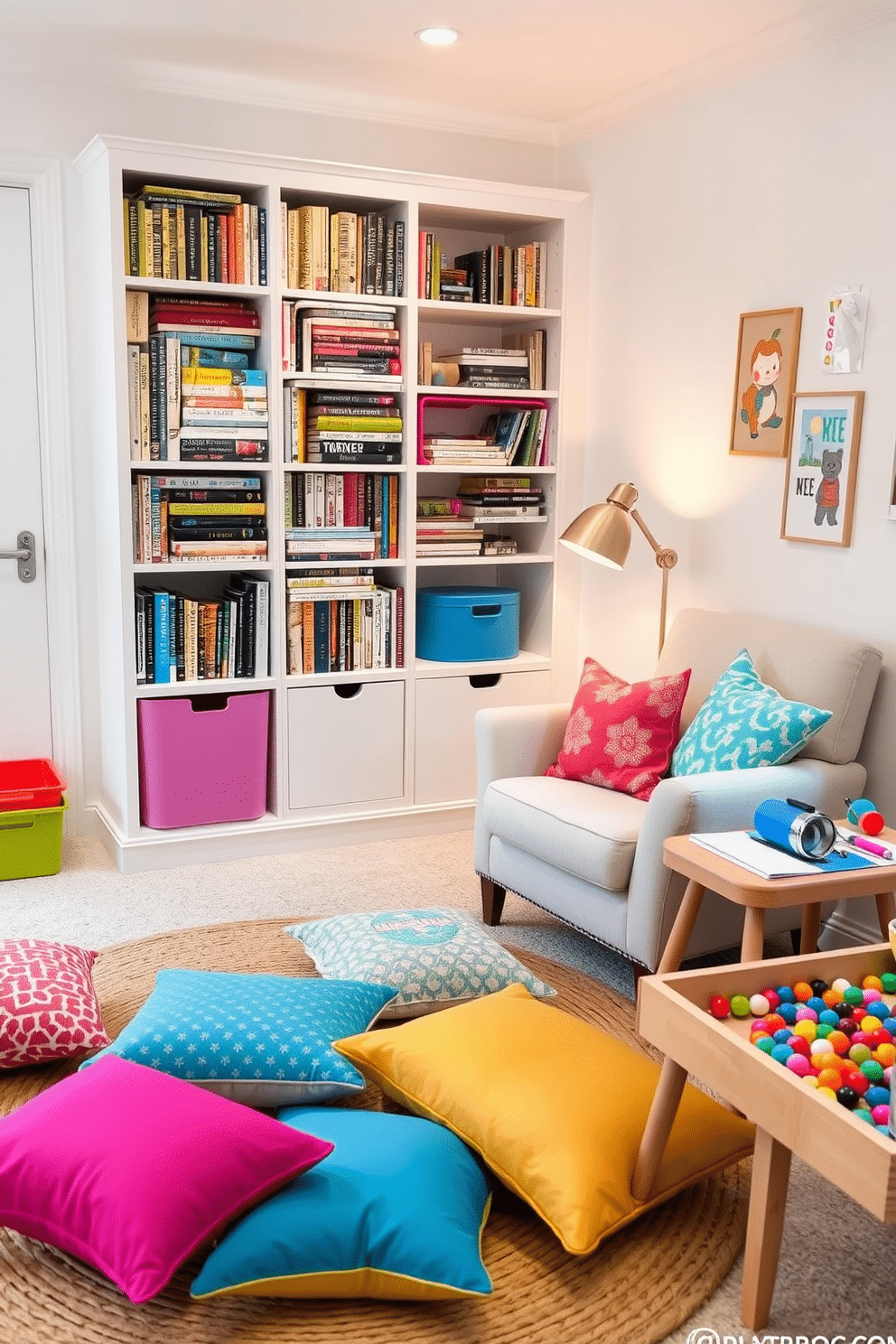 Cozy reading nook with colorful cushions. A plush armchair in a soft fabric is positioned next to a tall bookshelf filled with an array of books. Brightly colored cushions in various patterns are scattered on a woven rug, inviting relaxation. A small side table holds a steaming cup of tea and a reading lamp with a warm glow. White playroom design ideas. The walls are painted a crisp white, creating a bright and airy atmosphere. Colorful storage bins and playful artwork add bursts of color, while a soft carpet provides a safe play area for children. A low table with art supplies encourages creativity and exploration.