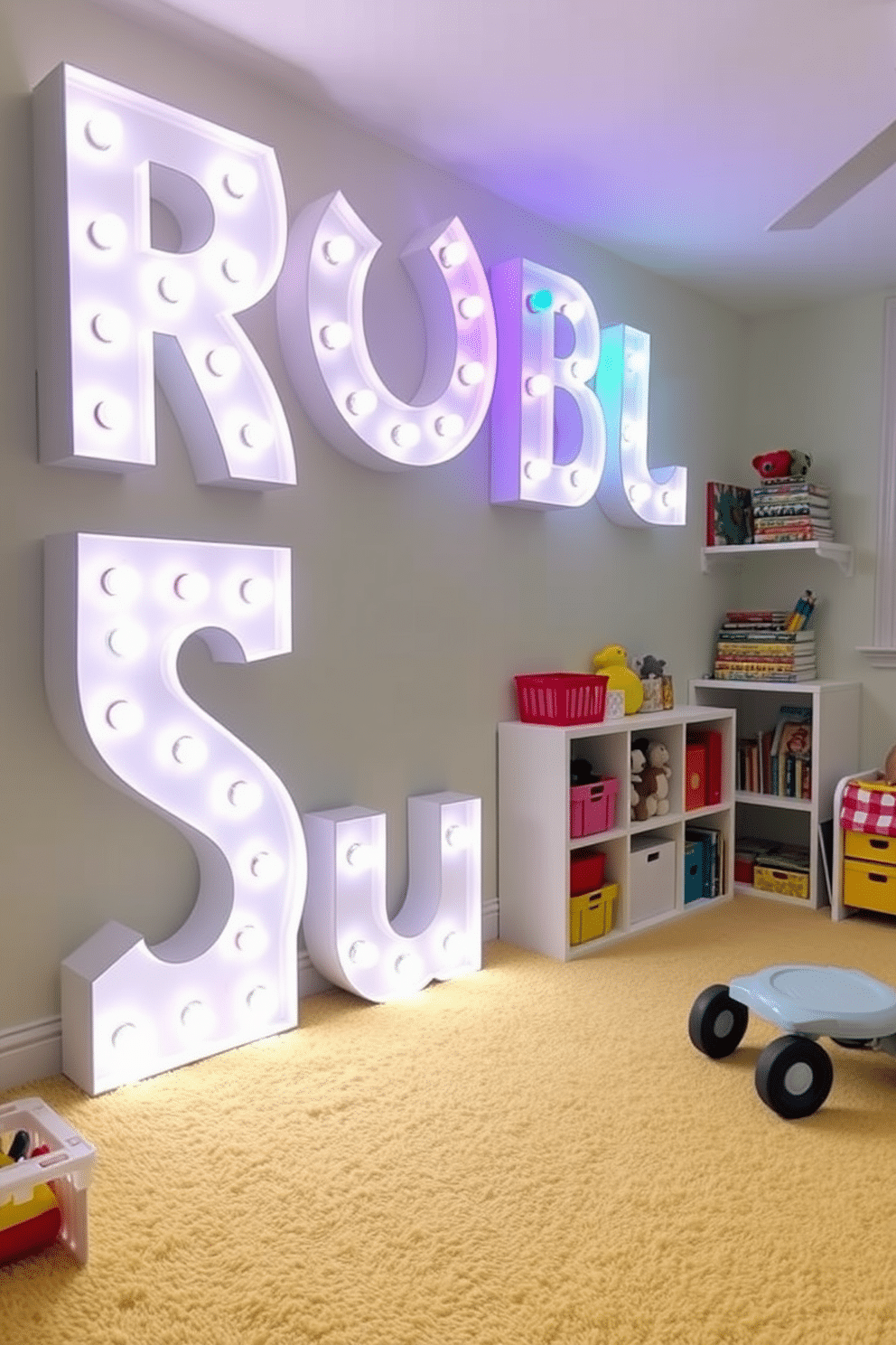 Light-up marquee letters in a playful font spell out a child's name, creating a personalized focal point in the room. The letters are adorned with colorful bulbs that illuminate the space, adding a whimsical touch to the decor. The playroom features soft, plush carpeting in a bright hue, providing a cozy area for children to play. Walls are painted in a cheerful pastel color, and shelves are filled with vibrant toys and books, encouraging creativity and exploration.