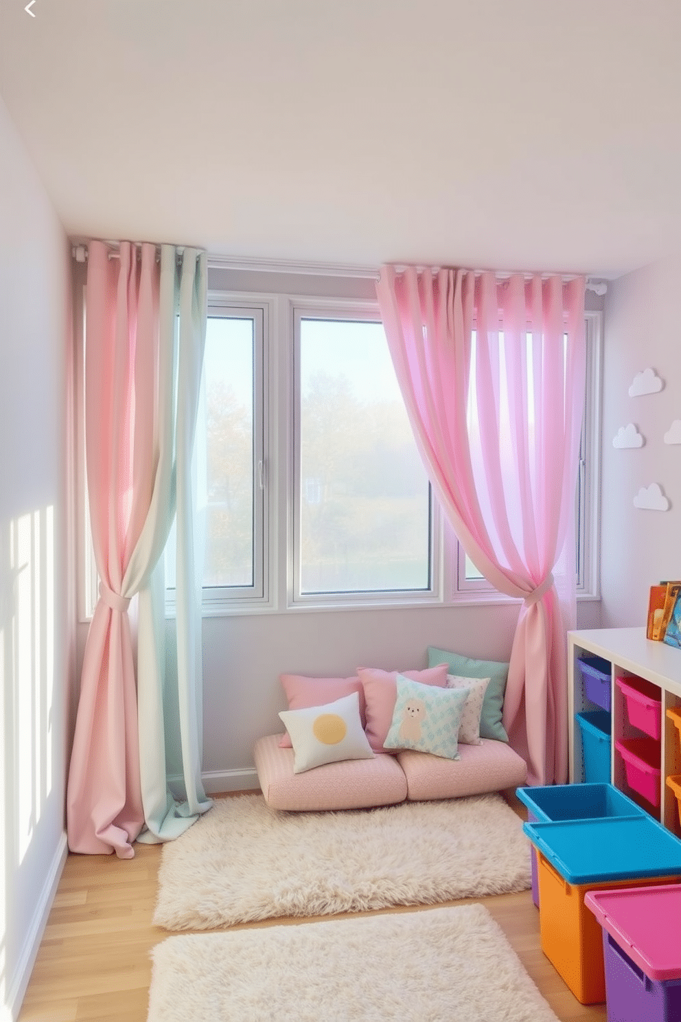 Soft pastel curtains drape gracefully over large windows, allowing soft, diffused light to fill the room. The curtains are complemented by playful wall decals featuring whimsical animals and clouds, creating an inviting atmosphere for children. The playroom is designed with a cozy reading nook, featuring a plush rug and a selection of colorful cushions. Brightly colored storage bins are arranged neatly, providing a fun and organized space for toys and books.