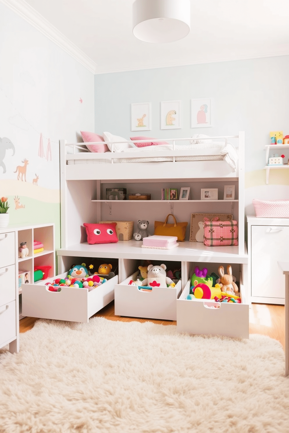 A bright and airy playroom filled with creative storage solutions. Underneath a cozy bed, there are spacious drawers designed for storing colorful toys, keeping the room tidy and inviting. The walls are adorned with playful murals and soft pastel colors, creating a cheerful atmosphere. A plush rug covers the floor, providing a comfortable space for children to play and explore their imaginations.