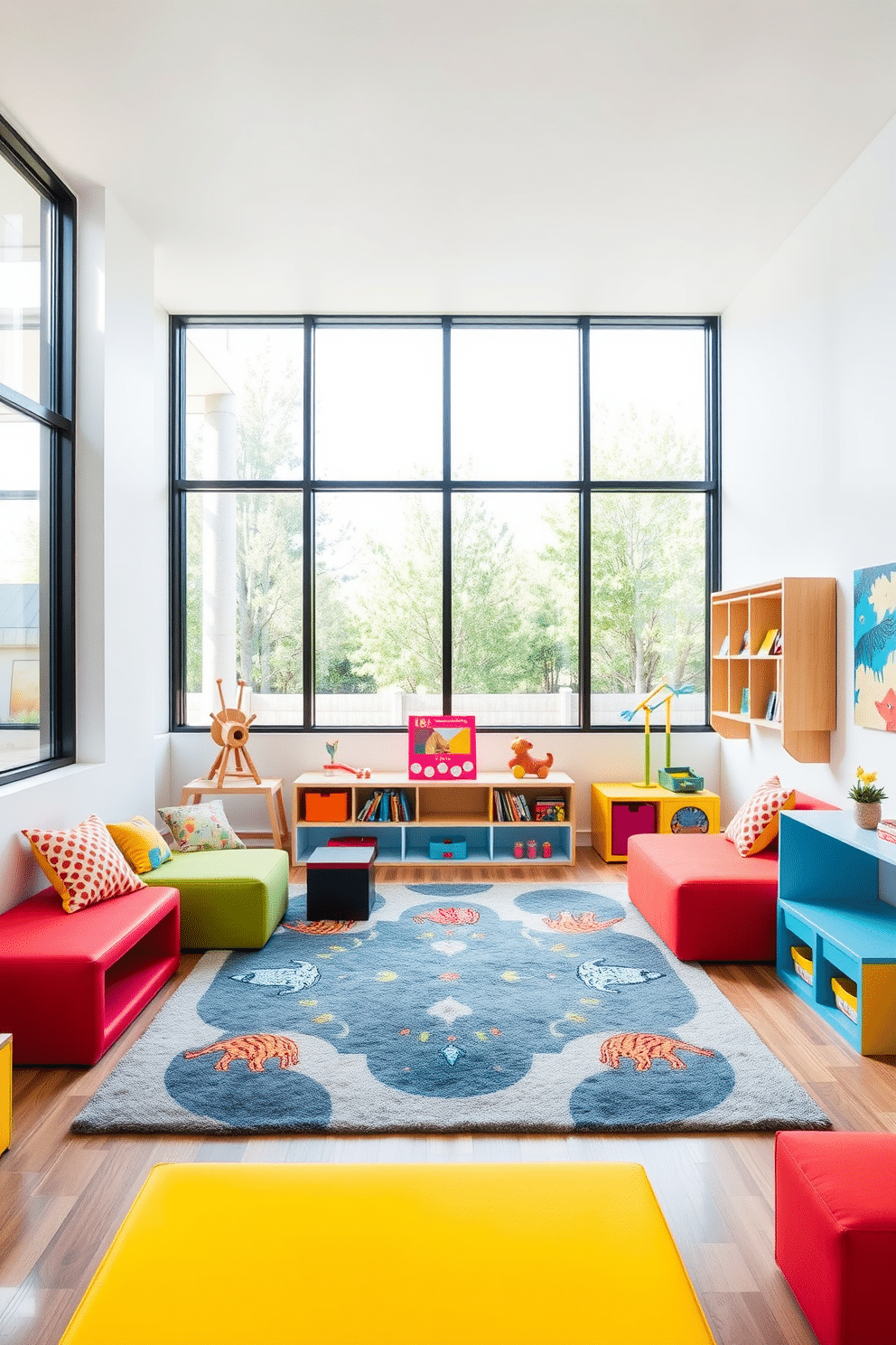 A modern playroom featuring modular furniture that allows for flexible layouts. The space includes colorful, interchangeable seating options and a large, soft area rug that defines the play zone. The walls are painted in a bright white, creating a clean backdrop for playful art and vibrant toys. Large windows let in natural light, enhancing the cheerful atmosphere and making the room feel open and inviting.