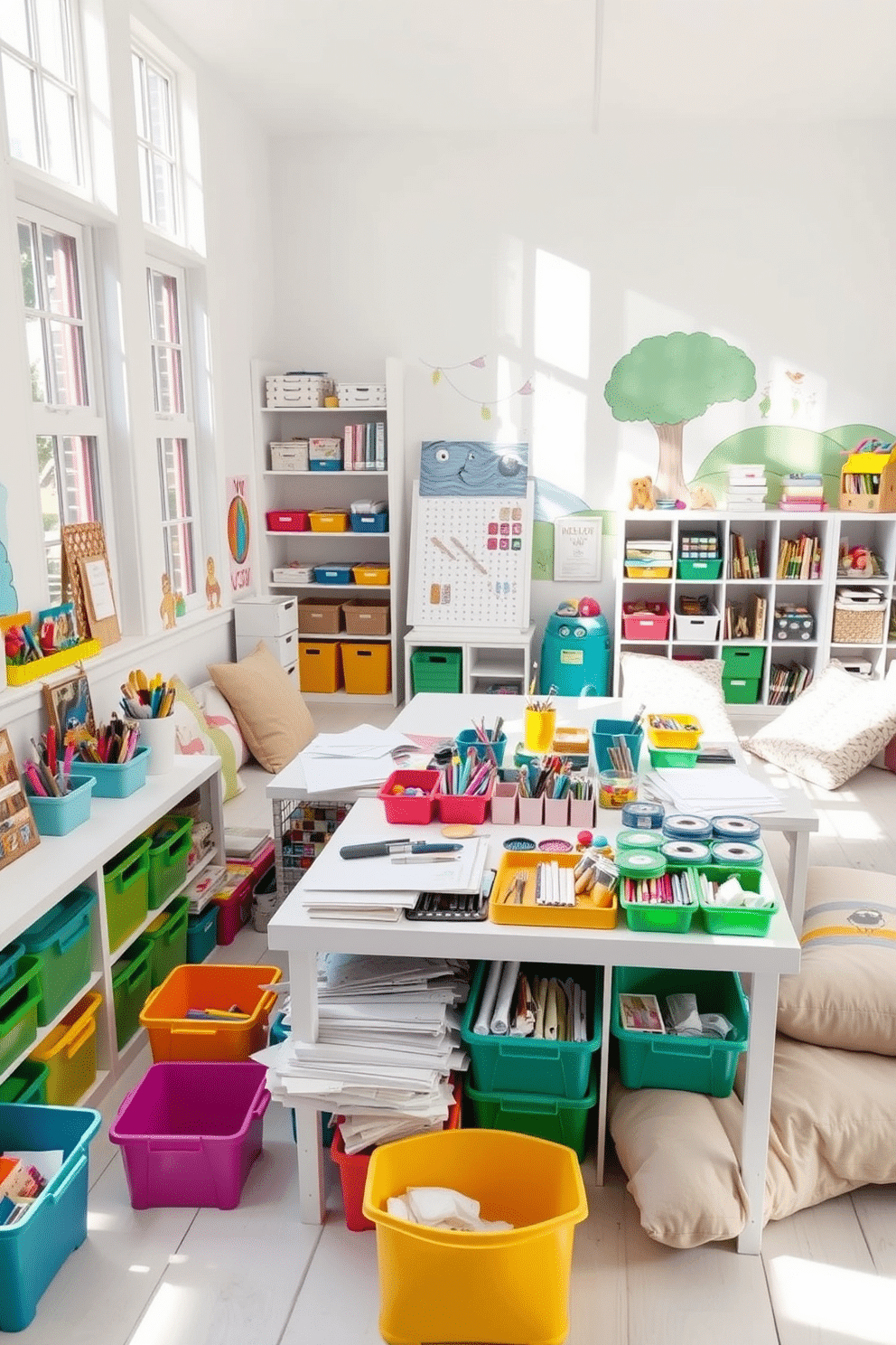 A bright and cheerful craft station filled with organized supplies. The workspace features a large white table surrounded by colorful storage bins, neatly arranged with art supplies, paper, and tools. A playful white playroom designed for creativity and fun. The room includes soft, oversized cushions, a whimsical mural on the wall, and shelves filled with toys and books, all bathed in natural light from large windows.