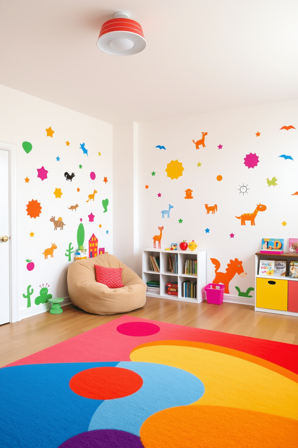 A vibrant playroom filled with playful wall decals featuring bright shapes and animals. The walls are painted in a soft white, creating a bright backdrop for colorful accents and interactive elements. The space includes a cozy reading nook with a plush bean bag chair and a small bookshelf filled with children's books. A large, colorful rug anchors the room, providing a soft area for play and creativity.