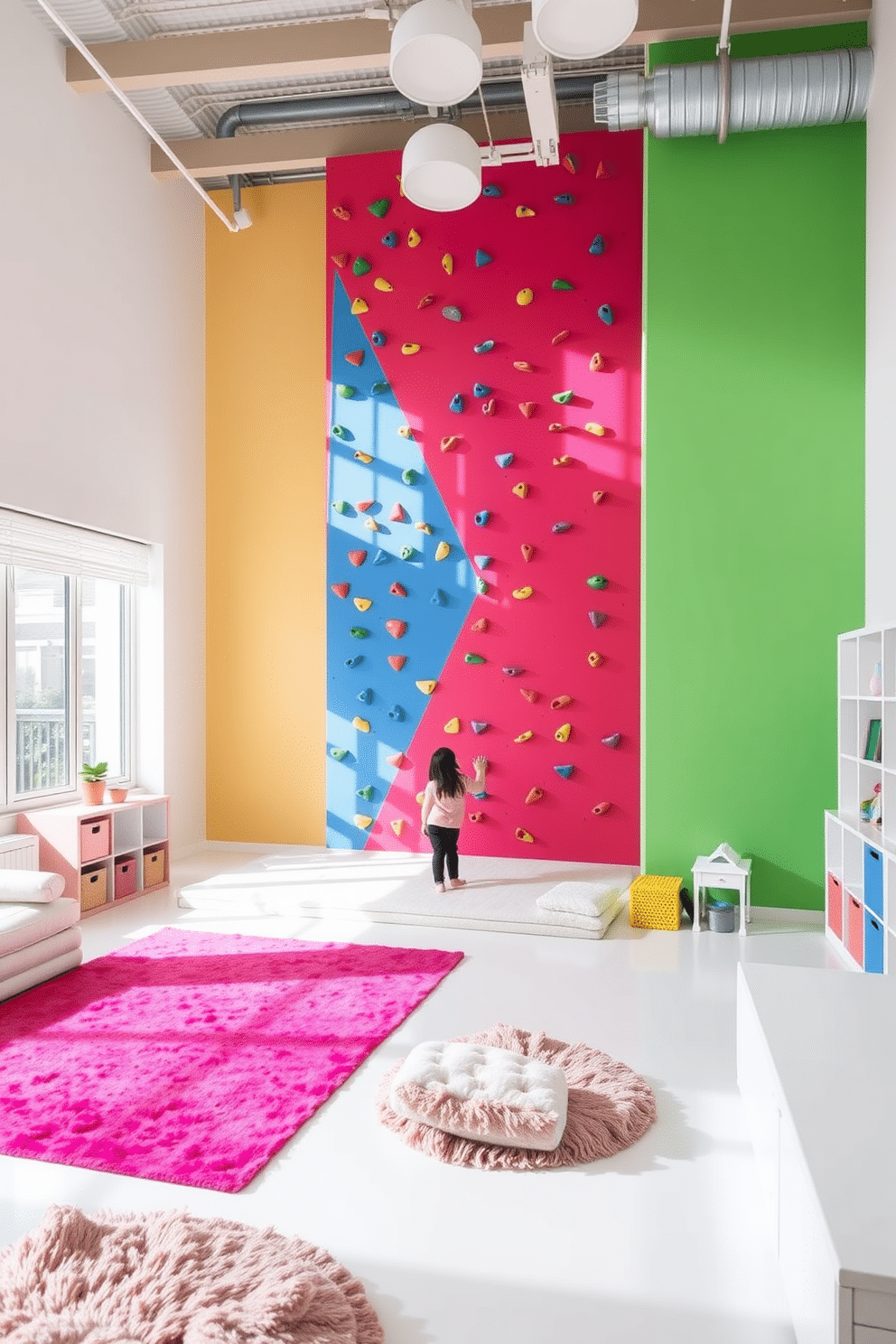 A vibrant indoor climbing wall is the centerpiece of this playful space, featuring colorful holds and a soft padded floor for safety. Surrounding the climbing area, the walls are painted in a bright, cheerful hue, creating an energetic atmosphere for active play. The white playroom is designed with a minimalist aesthetic, showcasing sleek furniture and ample natural light. Soft textures and playful accents, such as plush rugs and colorful storage bins, add warmth and character to the serene environment.