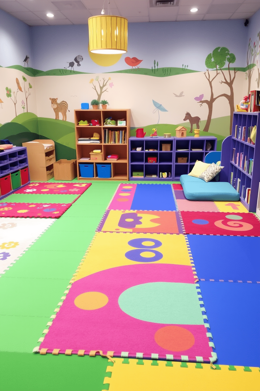 A vibrant playroom filled with colorful play mats designed for safety, featuring a soft, cushioned floor that encourages playful activities. The walls are adorned with whimsical murals of animals and nature, creating an inviting and cheerful atmosphere for children. The play area includes a mix of bright, patterned rugs that provide comfort and safety, while a cozy reading nook with plush cushions invites quiet time. Shelves filled with toys and books are neatly organized, ensuring a clutter-free environment that promotes creativity and exploration.