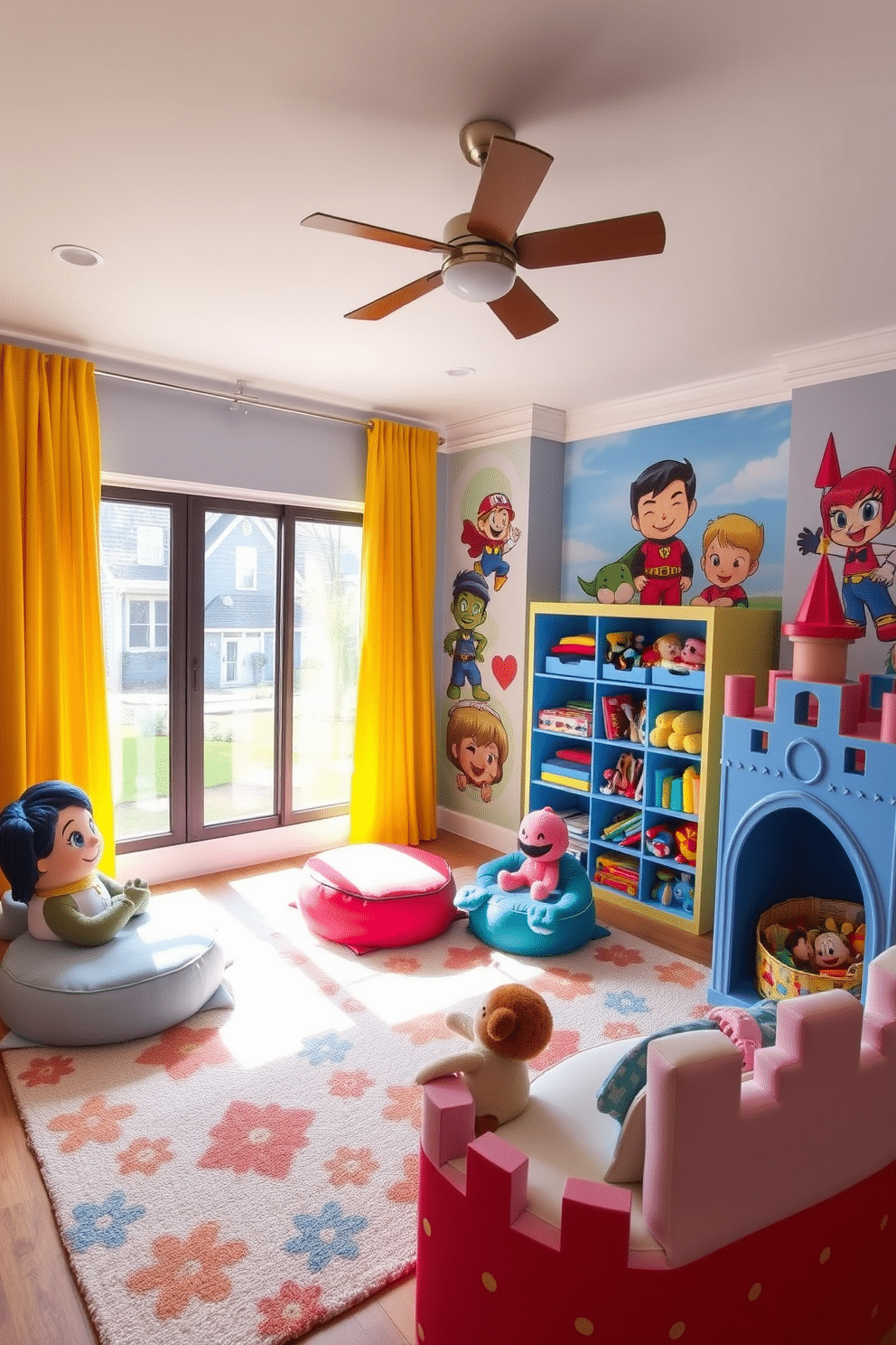 A whimsical playroom designed around beloved characters, featuring colorful murals of cartoon heroes on the walls. Plush seating shaped like various characters provides a cozy spot for storytelling, while a soft, patterned rug invites playful activities. The room includes a vibrant toy storage unit styled to resemble a castle, with shelves filled with plush toys and games. Brightly colored curtains frame large windows, allowing natural light to illuminate the space and enhance the cheerful atmosphere.