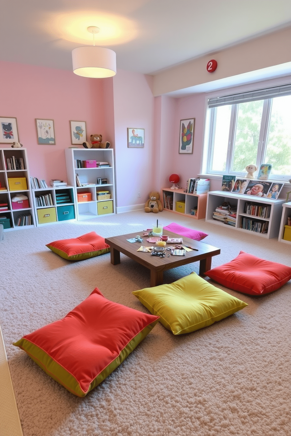 A cozy playroom designed for children features vibrant floor cushions scattered across a soft, plush carpet. The walls are painted in cheerful pastel colors, and playful artwork adorns the space, creating an inviting atmosphere for relaxation and play. In one corner, a low wooden table is surrounded by colorful floor cushions, perfect for arts and crafts activities. Natural light floods the room through large windows, illuminating a cozy reading nook filled with books and plush toys.