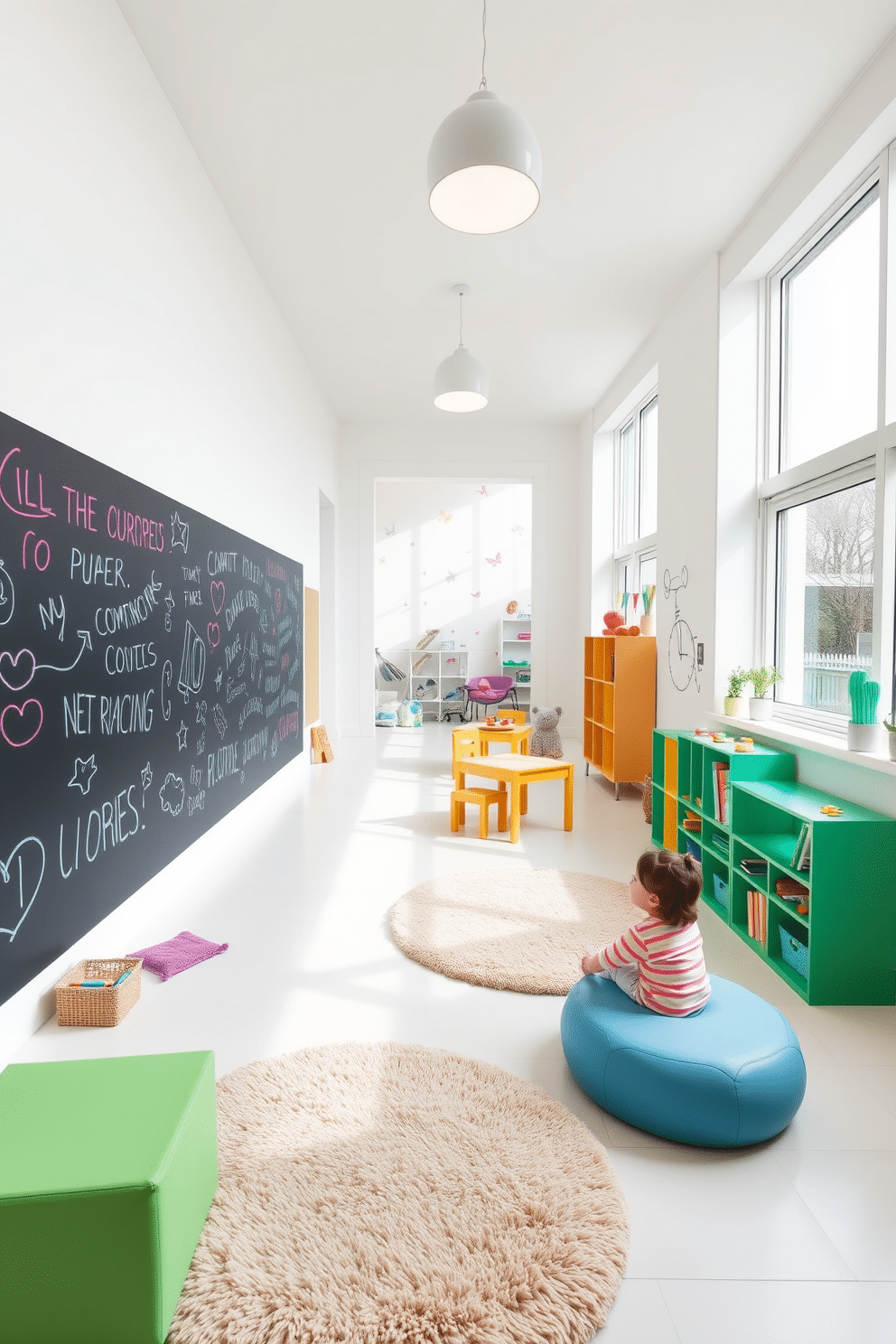 A playful playroom features a large chalkboard wall, inviting children to unleash their creativity with colorful chalk drawings. The space is accented with soft, plush rugs and bright, modular furniture that encourages interactive play and learning. The room is decorated in a crisp white palette, creating a bright and airy atmosphere that enhances focus and imagination. Large windows allow natural light to flood in, while playful wall decals add a touch of whimsy to the overall design.