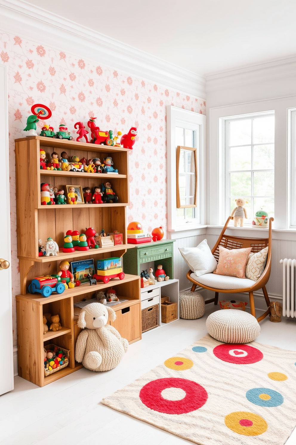 A charming vintage toy display is arranged on a rustic wooden shelf, showcasing a collection of colorful, classic toys from the past. The backdrop features soft pastel wallpaper with playful patterns, creating a warm and inviting atmosphere. The white playroom is bright and airy, with large windows allowing natural light to flood the space. A cozy reading nook is nestled in one corner, adorned with plush cushions and a whimsical rug that adds a touch of fun to the design.