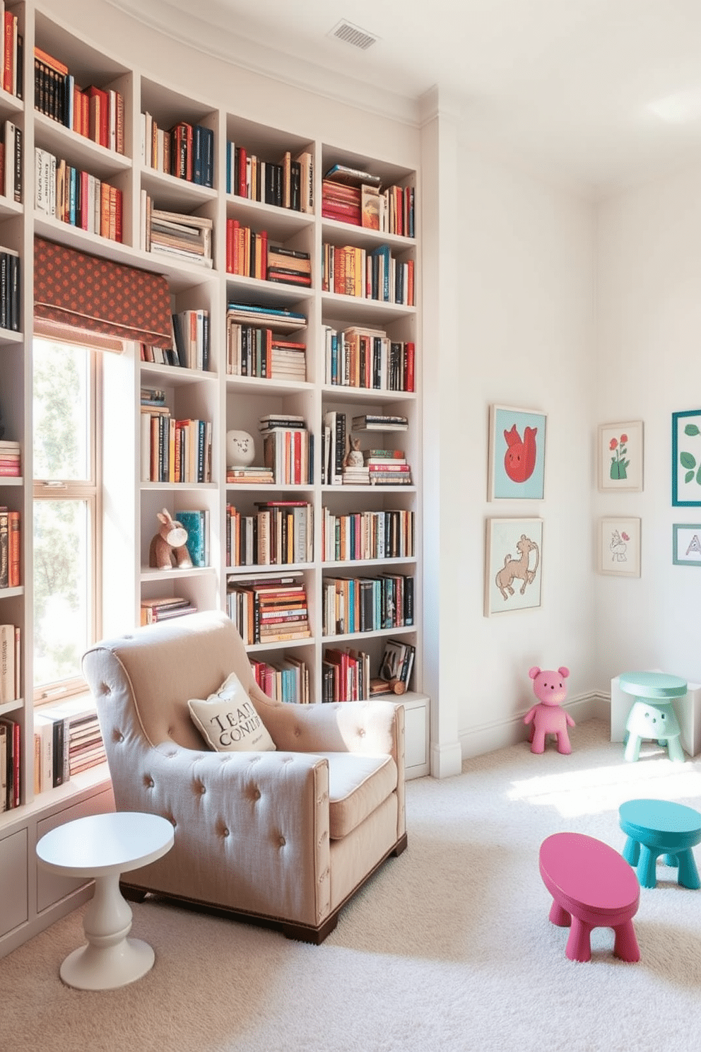 A cozy reading nook features floor-to-ceiling bookshelves filled with an eclectic mix of books and decorative items. A plush armchair, upholstered in soft fabric, sits in front of a large window, inviting natural light to illuminate the space. The playroom is designed with a bright and airy atmosphere, showcasing playful white walls adorned with colorful art. Soft, cushioned flooring provides a safe area for children to play, while whimsical furniture pieces in pastel hues create a fun and inviting environment.