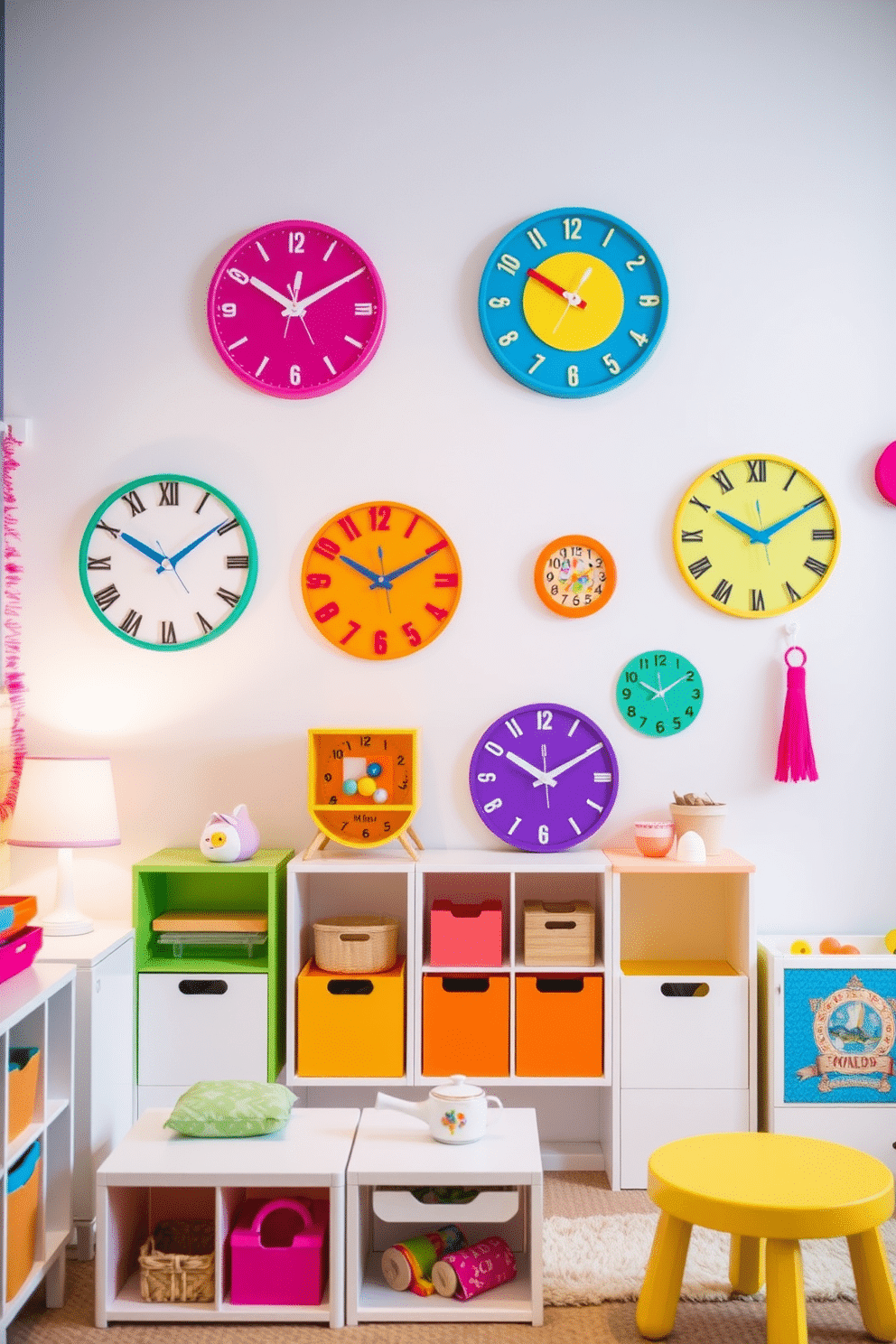 Colorful wall clocks for fun timekeeping. Each clock features a unique design, showcasing vibrant colors and playful shapes that add a whimsical touch to any room. White playroom design ideas. The space is filled with soft white furnishings, playful storage solutions, and bright accents, creating a cheerful and inviting environment for children to explore and play.