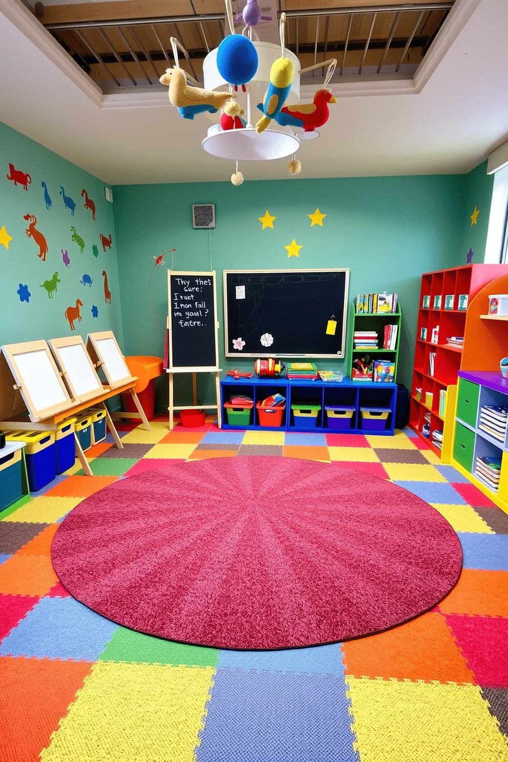 A vibrant play zone designed for interactive learning, featuring colorful wall decals of animals and shapes. The floor is covered with soft, cushioned tiles in various hues, and a large, circular rug in the center provides a cozy gathering spot. A dedicated art corner showcases easels and a chalkboard, surrounded by storage bins filled with craft supplies. Brightly colored shelving units display books and toys, while a whimsical ceiling mobile adds a playful touch overhead.