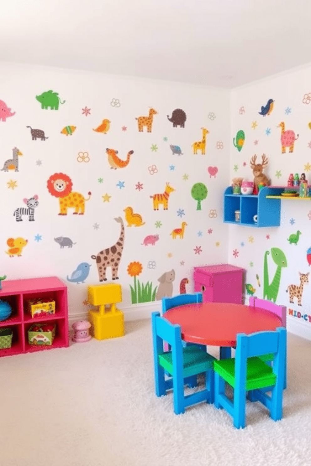 A playful playroom filled with lively wall decals depicting colorful animals and whimsical patterns. The walls are painted in a soft white, creating a bright and cheerful backdrop for the vibrant decor. The floor is covered with a soft, plush carpet in a light hue, providing a comfortable space for children to play. Brightly colored furniture, including a small table and chairs, complements the lively atmosphere, encouraging creativity and fun.