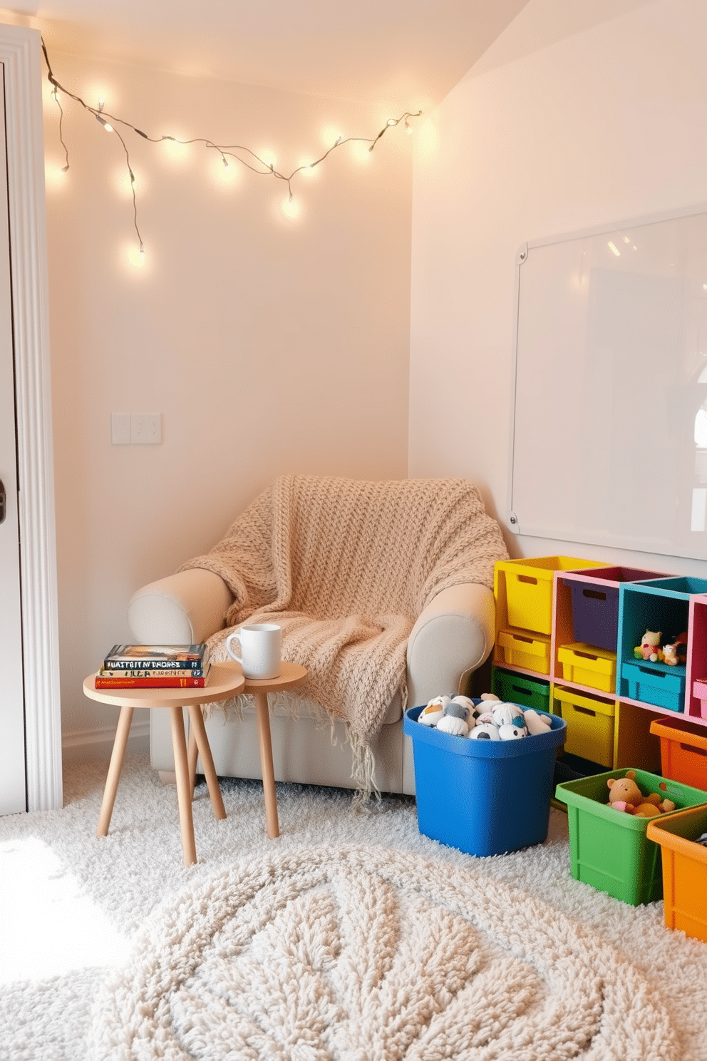 Cozy corner with fairy lights. A plush, oversized armchair is nestled in a corner, draped with a soft knitted blanket. Twinkling fairy lights are strung above, casting a warm, inviting glow. A small side table holds a stack of colorful books and a steaming mug of tea. White playroom design ideas. The room features white walls and a soft, fluffy carpet that invites play. Brightly colored storage bins are neatly arranged, filled with toys, while a large, whiteboard wall offers a space for creativity and drawing.