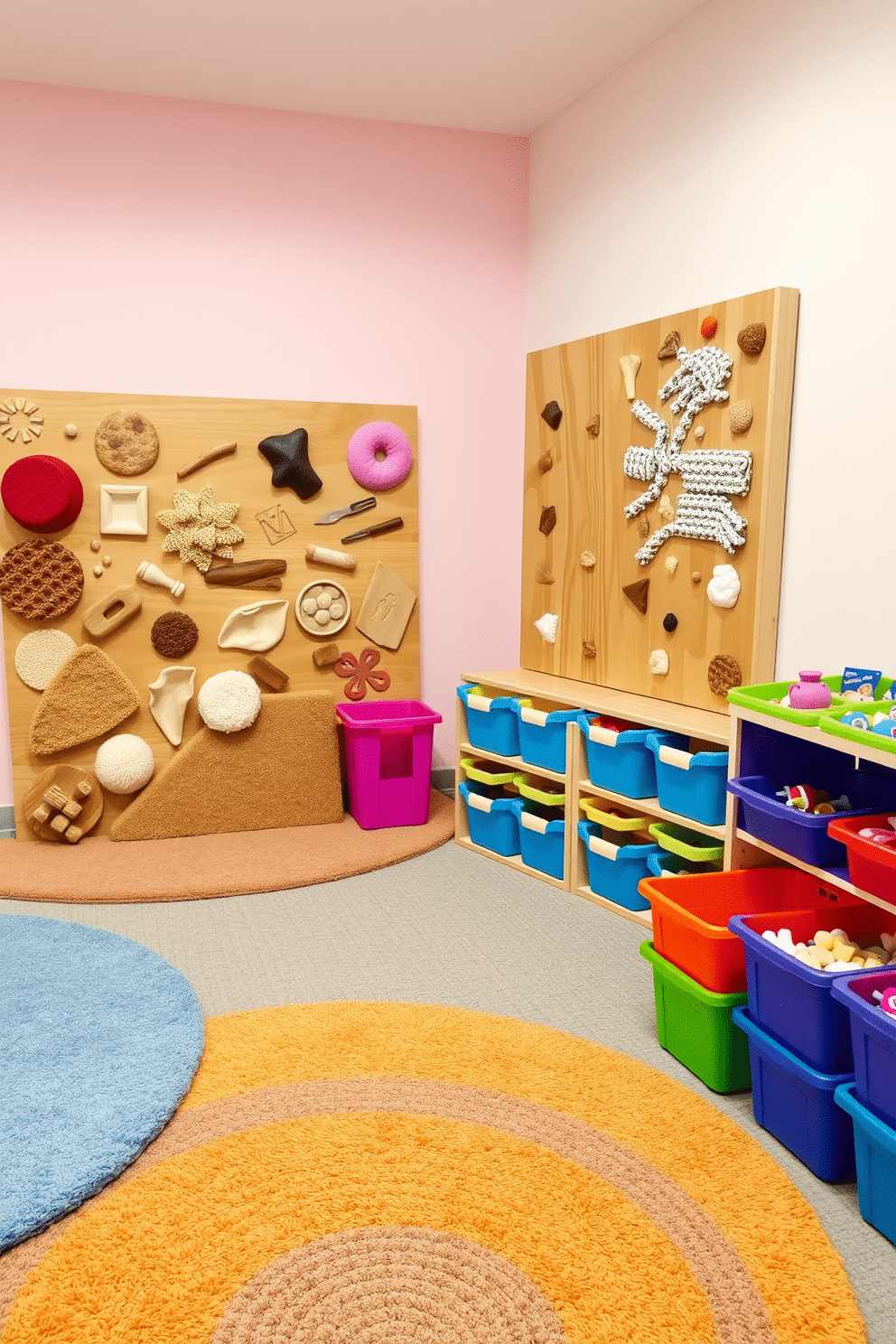 A sensory play area designed for children, featuring a variety of textured materials to stimulate touch and exploration. The walls are painted in soft pastel colors, and the floor is covered with plush, multi-colored rugs that invite play. In one corner, a large wooden sensory wall is adorned with different surfaces, including smooth, rough, and bumpy textures. Brightly colored bins filled with sensory toys and materials are neatly organized, encouraging creativity and hands-on learning.