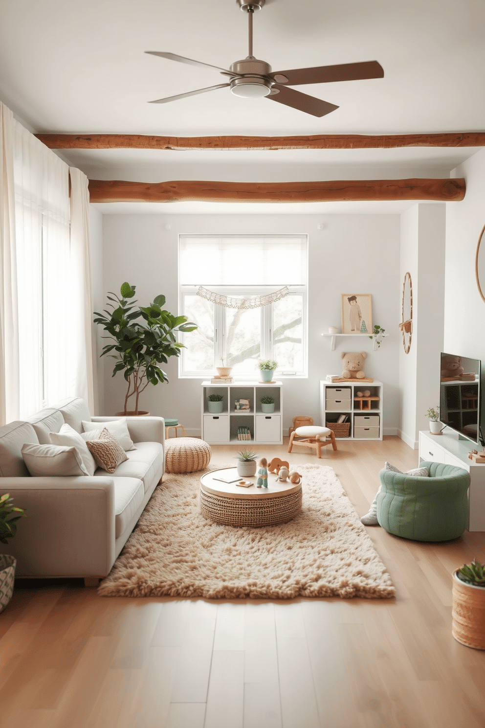 A serene living room that incorporates nature-inspired decor. Soft earthy tones dominate the space, with a large indoor plant in the corner and natural wood accents throughout. A bright and airy playroom designed for children, featuring white walls and colorful accents. Plush rugs and playful furniture create a welcoming atmosphere, encouraging creativity and fun.