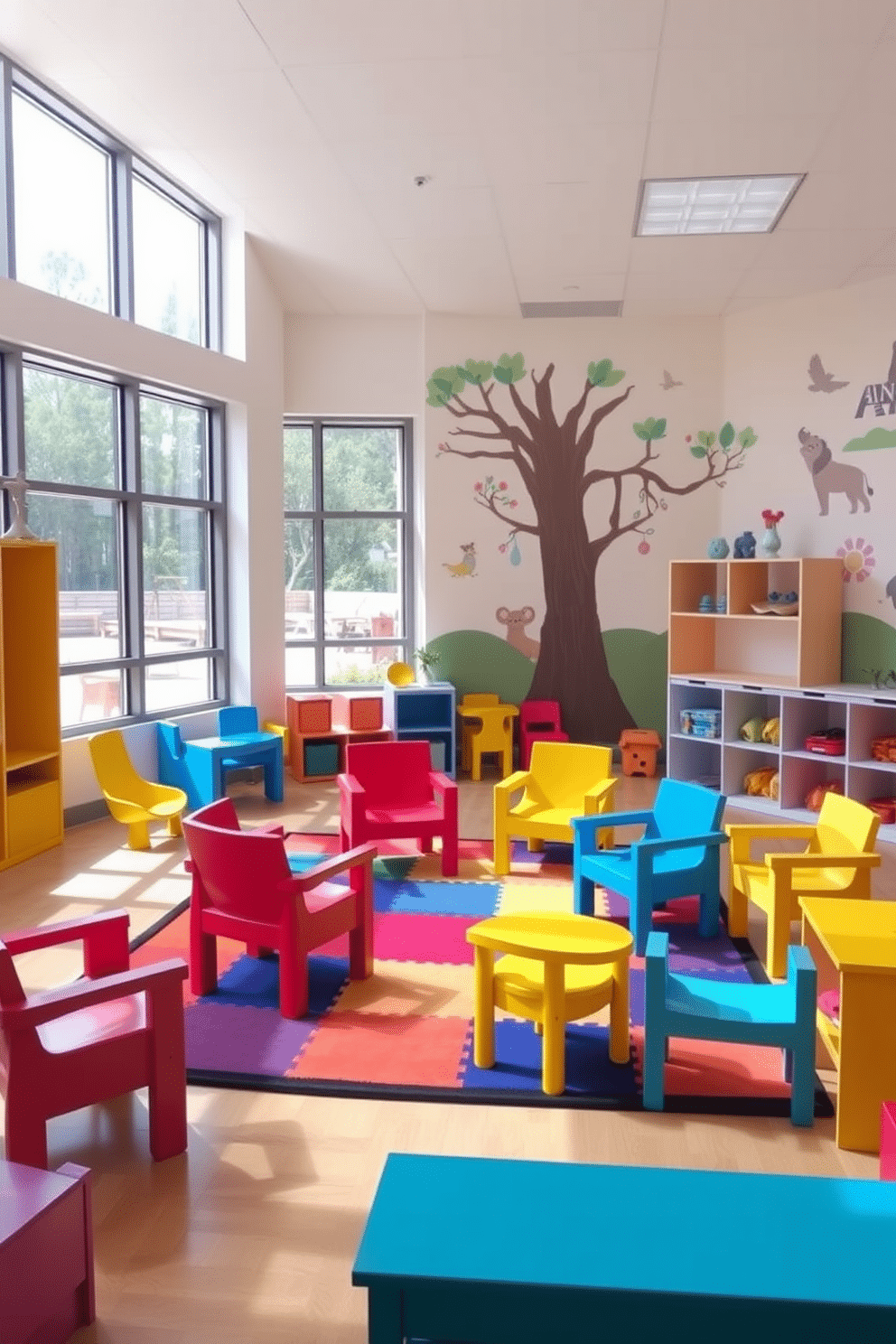 A vibrant playroom filled with brightly colored furniture creates a cheerful and inviting atmosphere. The room features a mix of bold red, blue, and yellow chairs arranged around a playful, multi-colored rug. The walls are adorned with whimsical murals of animals and nature, adding to the playful theme. Large windows allow natural light to flood the space, highlighting the bright colors and creating an uplifting environment for children.