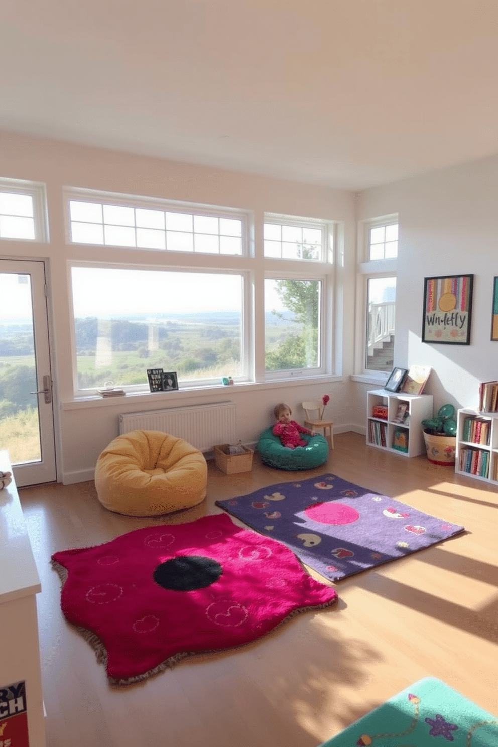 A bright playroom filled with natural light, featuring large windows that showcase a cheerful view. The floor is adorned with vibrant accent rugs in playful patterns, adding warmth and a sense of fun to the space. The walls are painted in a soft, neutral tone, creating a perfect backdrop for colorful artwork and playful decor. Cozy seating options, such as bean bags and a small reading nook, invite children to relax and enjoy their time in this lively environment.