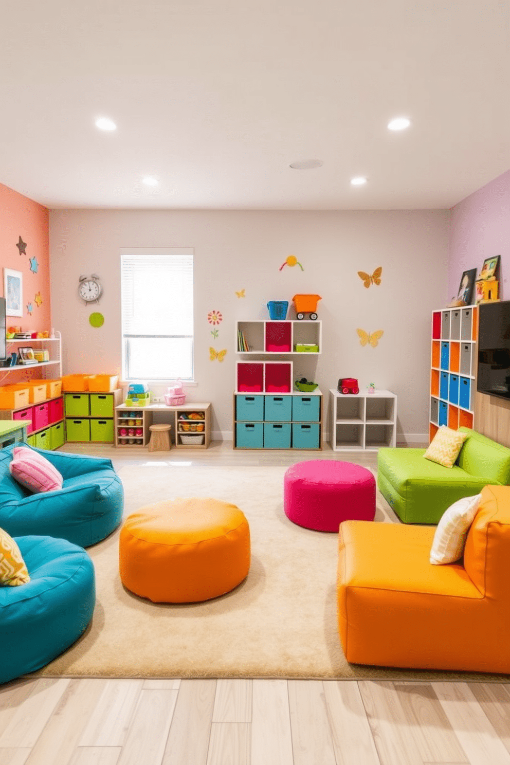 A playful and versatile playroom filled with easily movable furniture, allowing for quick reconfiguration to suit different activities. The space features bright, colorful seating options like bean bags and modular sofas, complemented by a large, soft area rug for comfort. The walls are painted in a cheerful pastel palette, adorned with playful wall decals and artwork. Storage solutions include bright bins and shelves that can be easily rearranged, keeping the room organized while encouraging creativity and play.