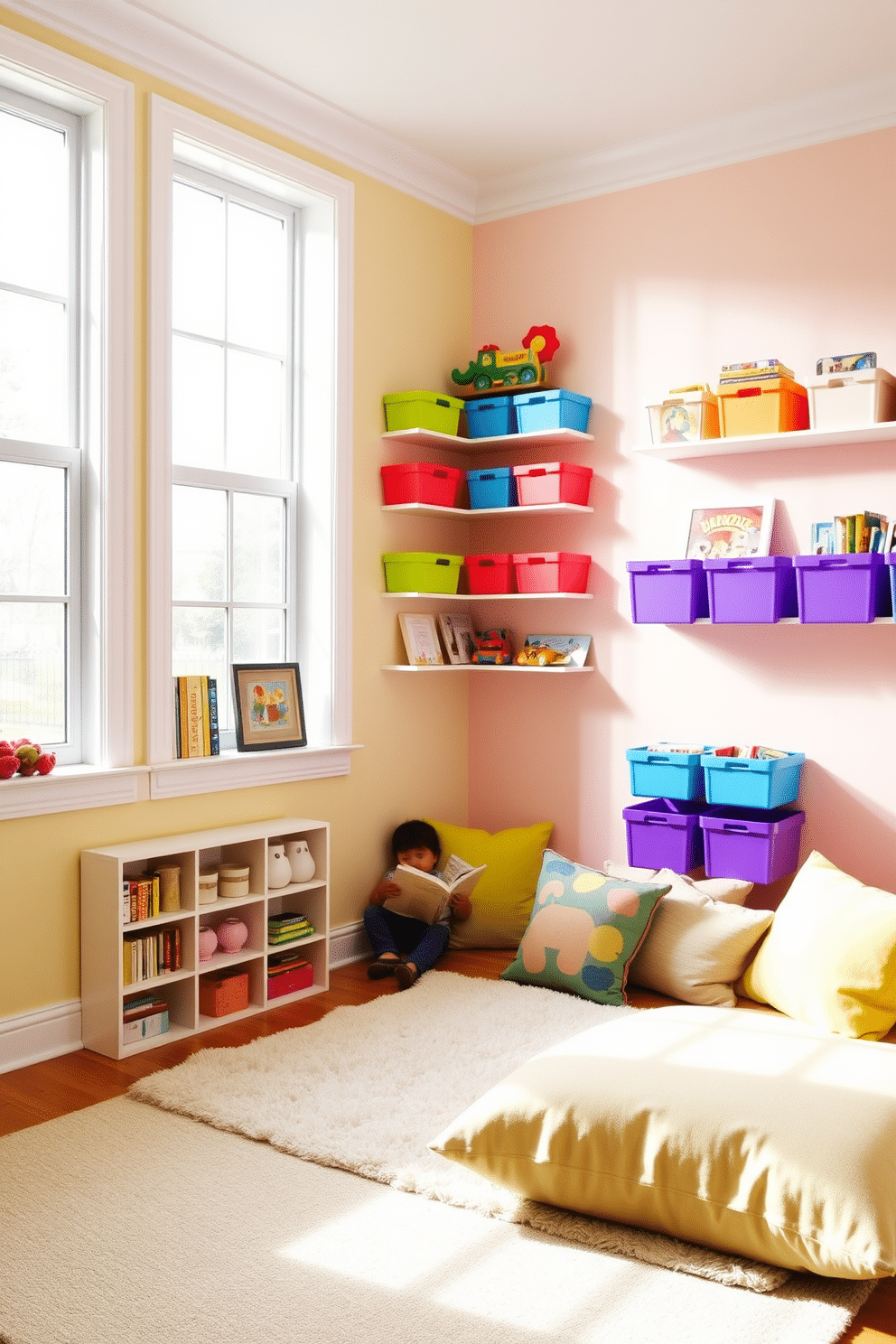 A bright and playful playroom featuring wall-mounted shelves for easy access to toys and books. The walls are painted in soft pastel colors, and colorful bins are neatly arranged on the shelves, adding a fun and organized touch. The room includes a cozy reading nook with a plush rug and oversized cushions, inviting children to sit and enjoy their favorite stories. Large windows allow natural light to flood the space, enhancing the cheerful atmosphere of this vibrant playroom.