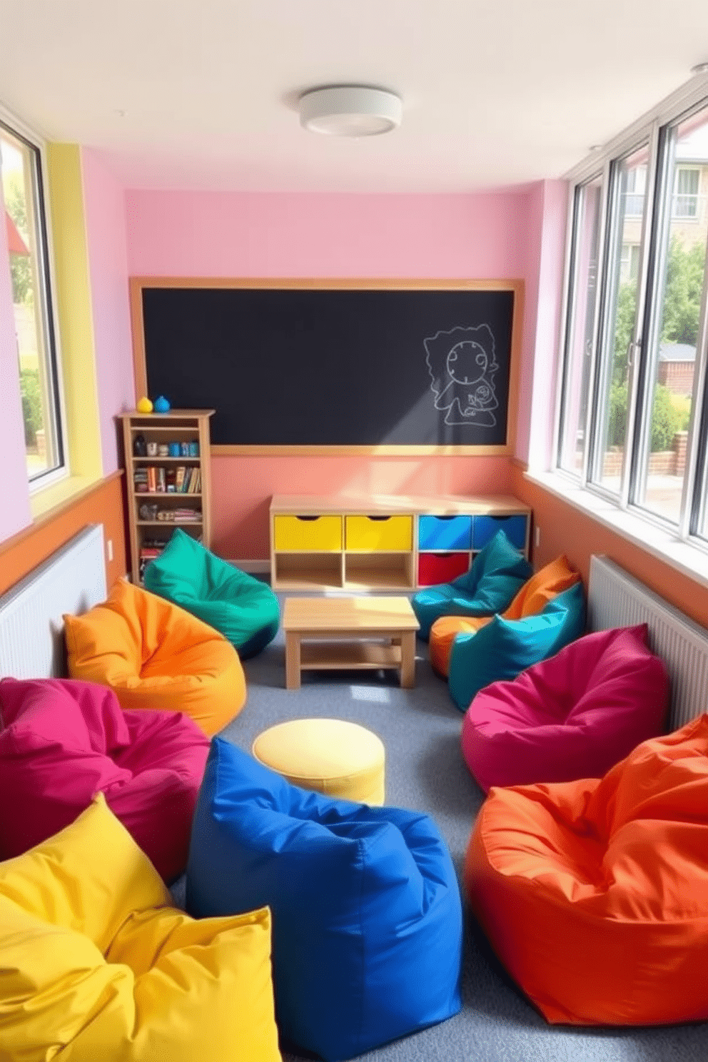 Colorful bean bags arranged in a cozy corner create a playful seating area. The room features bright, cheerful colors with walls painted in soft pastels, ensuring a vibrant and inviting atmosphere. The playroom is designed with interactive elements, including a chalkboard wall and a low table for creative activities. Natural light floods the space through large windows, enhancing the lively and engaging environment for children.