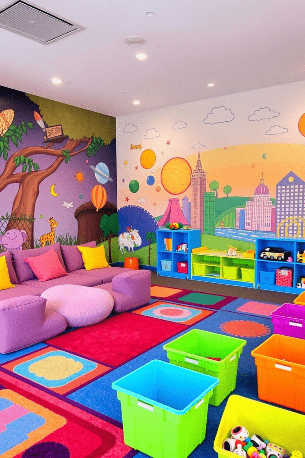 A vibrant playroom featuring interactive wall murals that invite children to explore and create. The walls are adorned with colorful, whimsical designs that include elements like a jungle scene, a space adventure, and a cityscape, encouraging imaginative play. The room is filled with soft, plush seating areas and colorful rugs to create a cozy atmosphere. Brightly colored storage bins are scattered throughout, providing easy access to toys and art supplies while keeping the space organized.