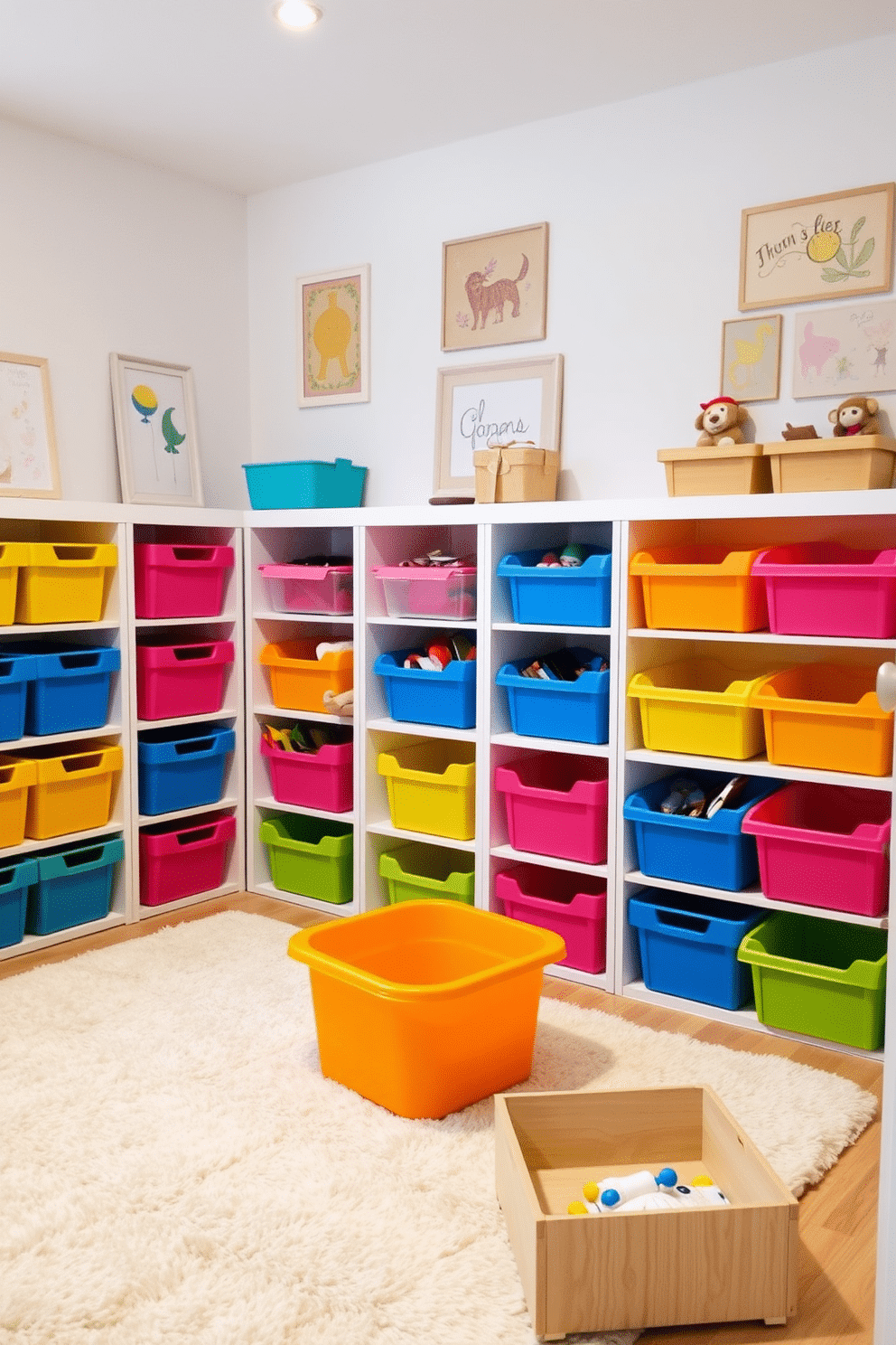 A playful white playroom filled with vibrant storage bins in various colors, creating a cheerful and organized space. The walls are adorned with whimsical artwork, and a soft, plush rug provides a cozy area for play.