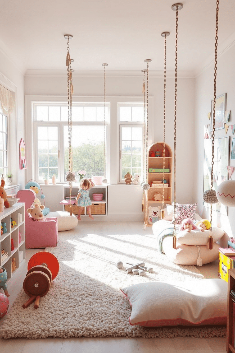 A playful white playroom features hanging swings suspended from the ceiling, inviting children to enjoy indoor fun and creativity. The walls are adorned with soft, pastel-colored accents, and the floor is covered with a plush, textured rug that adds warmth and comfort. Bright, airy windows allow natural light to flood the space, highlighting a variety of colorful toys and playful decor. A cozy reading nook with oversized cushions sits in one corner, creating a perfect spot for relaxation and imaginative play.