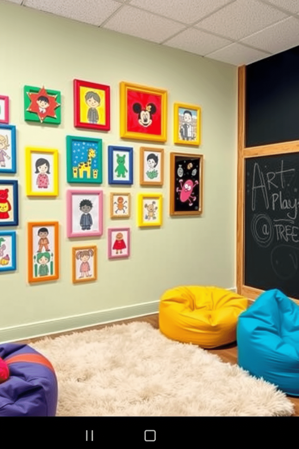 A vibrant art display wall showcasing children's masterpieces. The wall is painted in a soft pastel color, with various frames in playful shapes and sizes holding the artwork. A bright and cheerful playroom designed for creativity and fun. The space features a large, plush area rug, colorful bean bags, and a chalkboard wall for endless artistic expression.